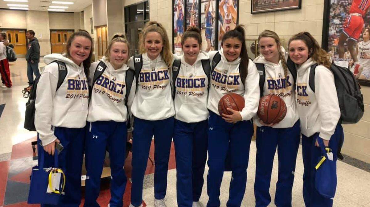 Brock Lady Eagles celebrate a bi-district win, Tuesday Feb. 12, 2019.