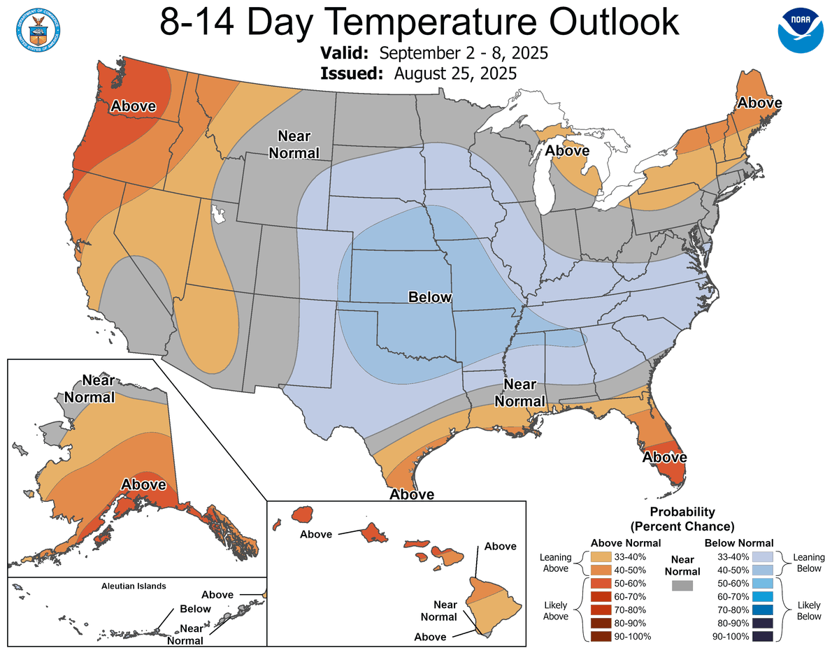 The 8-14 day temperature outlook for the U.S. from September 2-8, 2025.