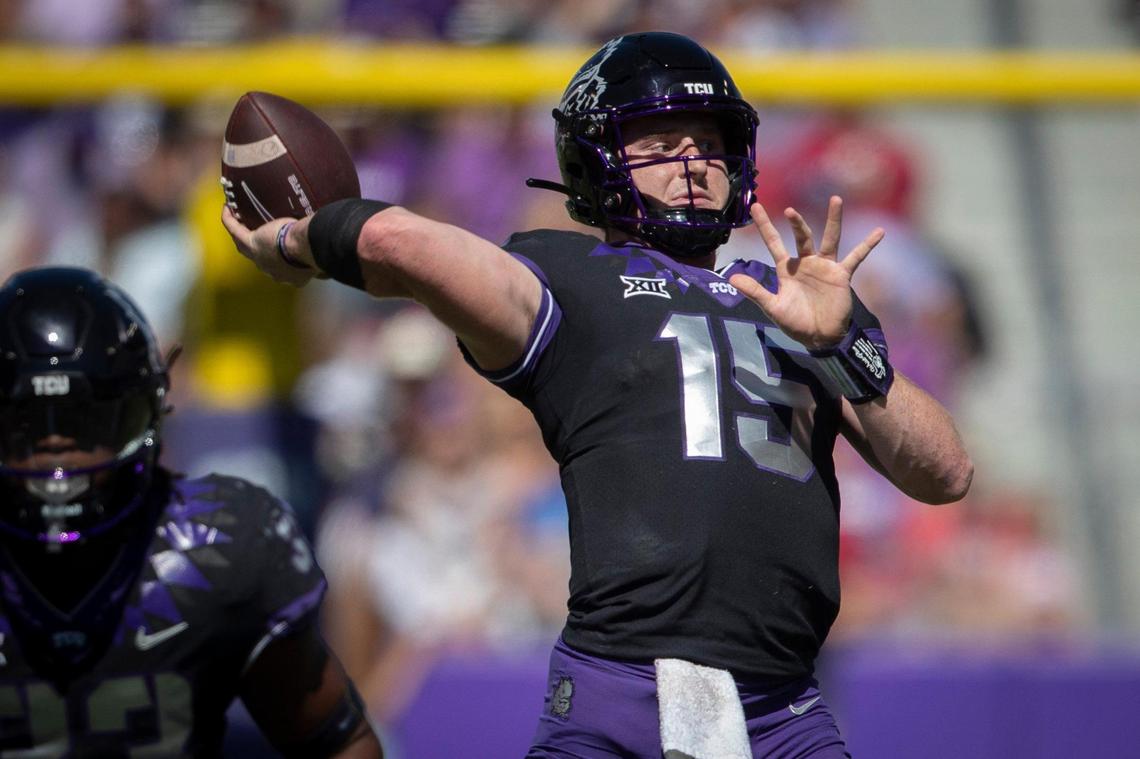 TCU quarterback Max Duggan passes the ball during their game against OU at the Amon G. Carter Stadium in Fort Worth, Texas, on Saturday, Oct. 1, 2022.