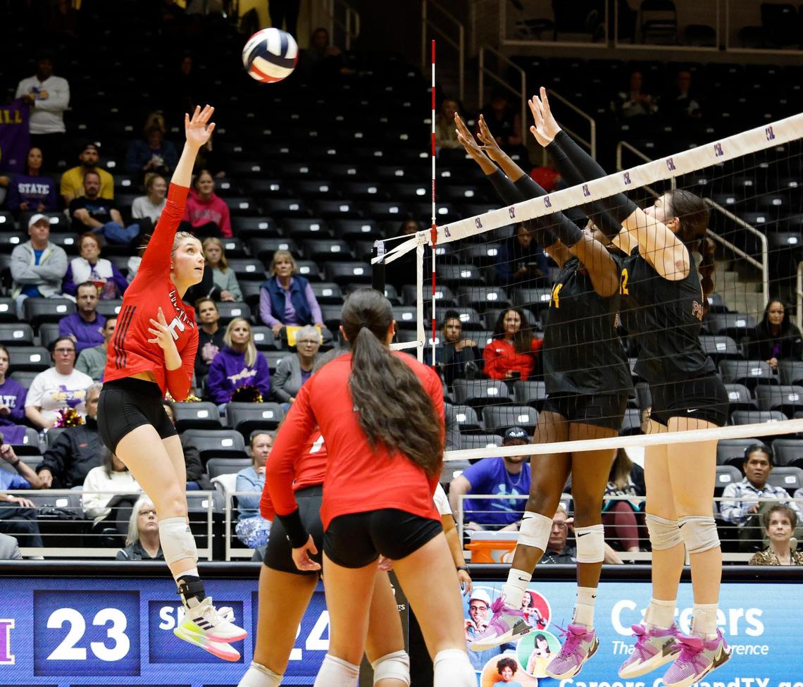 Colleyville Heritage’s Audrey Popp (2) returns volley in game 2 of the best 3 of 5 games at Culwell Center in Garland, Texas, Friday, Nov. 17, 2023.