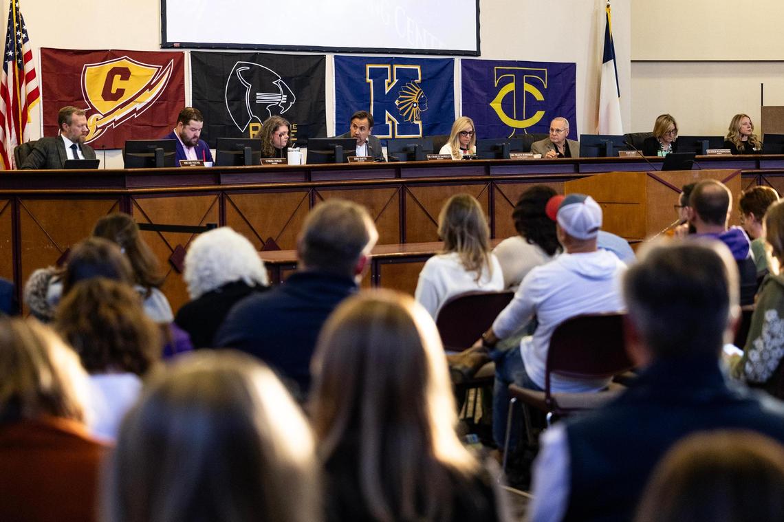 The members of the Keller school board begin to listen to public comment during a special meeting regarding the possible split of the Keller Independent School District at the Keller ISD Education Center in Keller on Thursday, Jan. 16, 2025.
