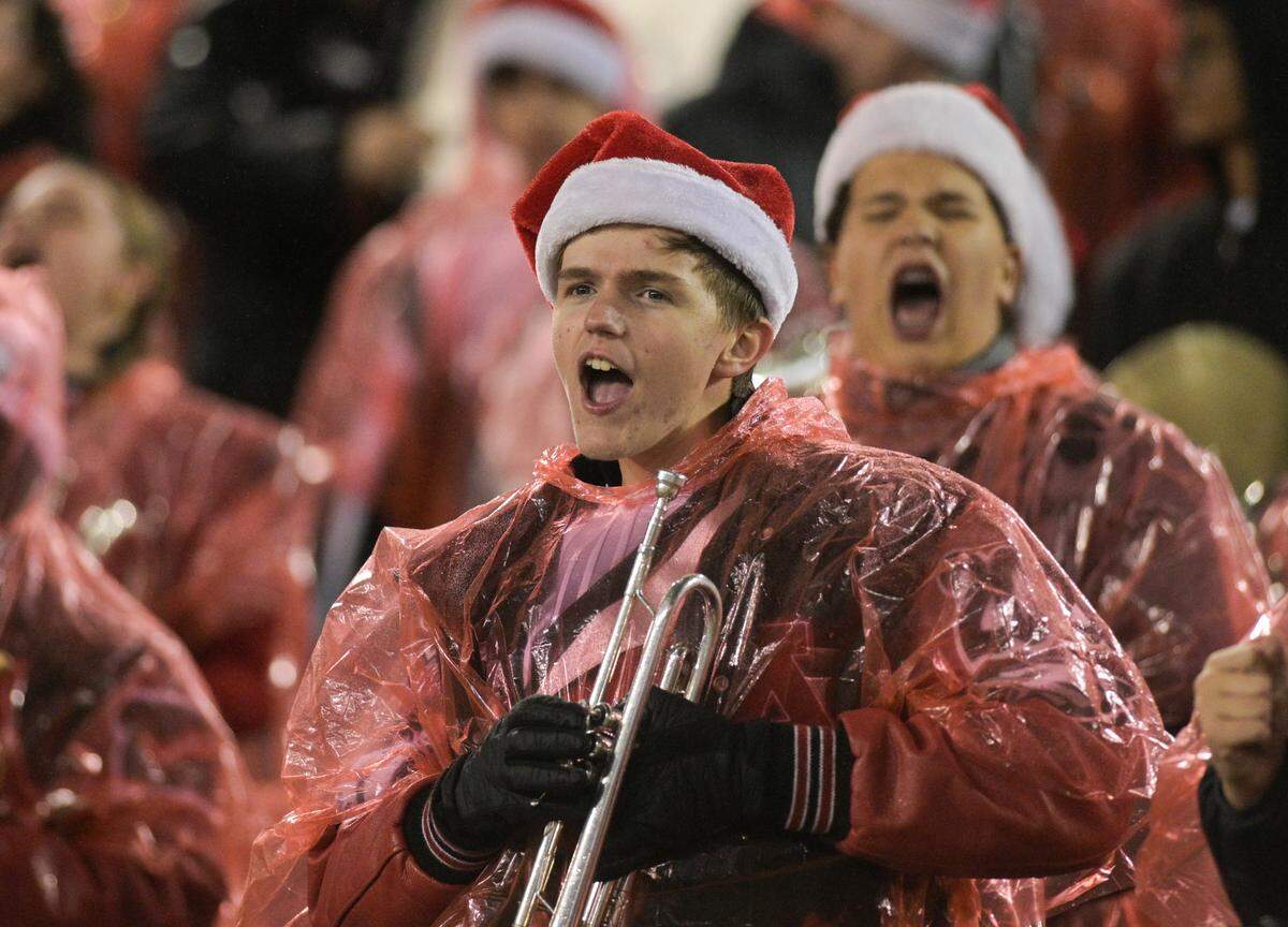 A member of the Argyle marching band cheers during a Class 5A Division II state semifinal against South Oak Cliff on Friday, Dec. 13, 2024 at Gerald J. Ford Stadium in University Park, Texas.