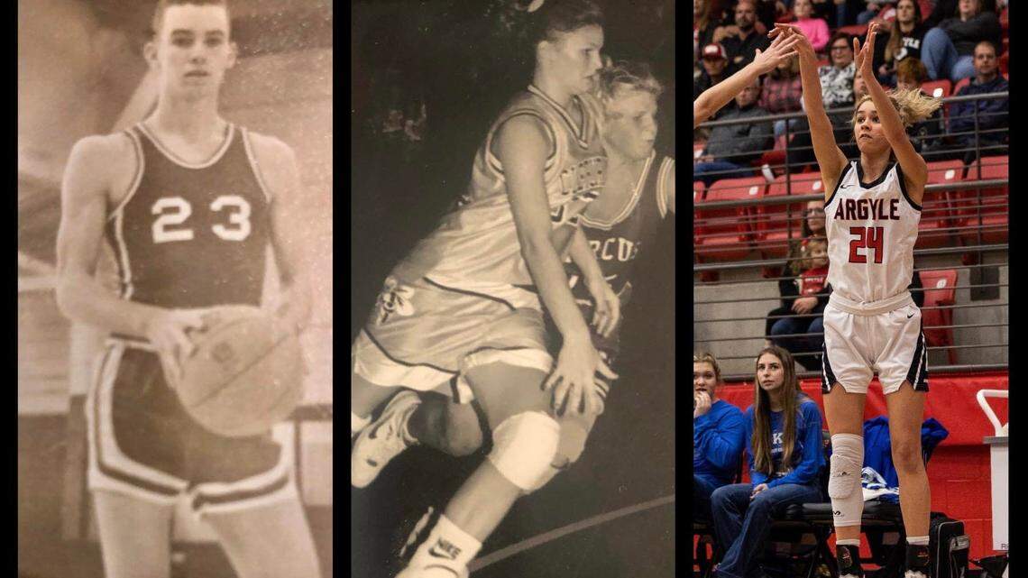Argyle junior Ashlin Crabtree (far right) is a third generation basketball player in her family to reach the UIL state tournament. Her mother, Kim Lummus (middle), won a state title in 1995 with Cleburne, and Kim’s father, Charles Lummus, went to state in 1963 with Blum. (Crabtree family/Courtesy)