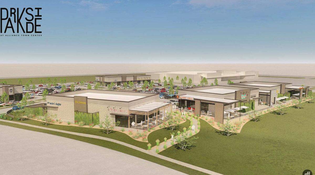 An artist’s rendering of the Parkside at Alliance Town Center development, which will be anchored by Fort Worth’s first H-E-B grocery store.