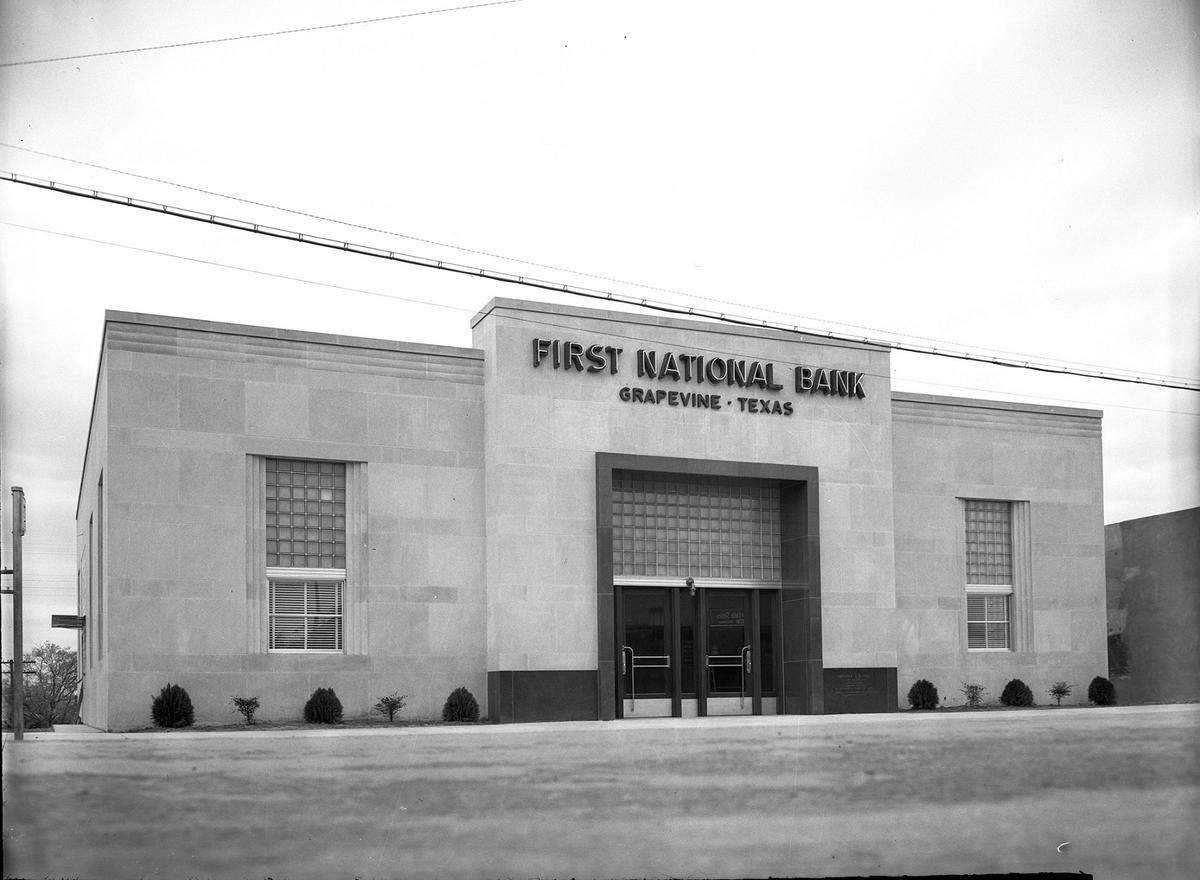 March 24, 1942: Exterior of the new First National Bank building at Grapevine, Texas.