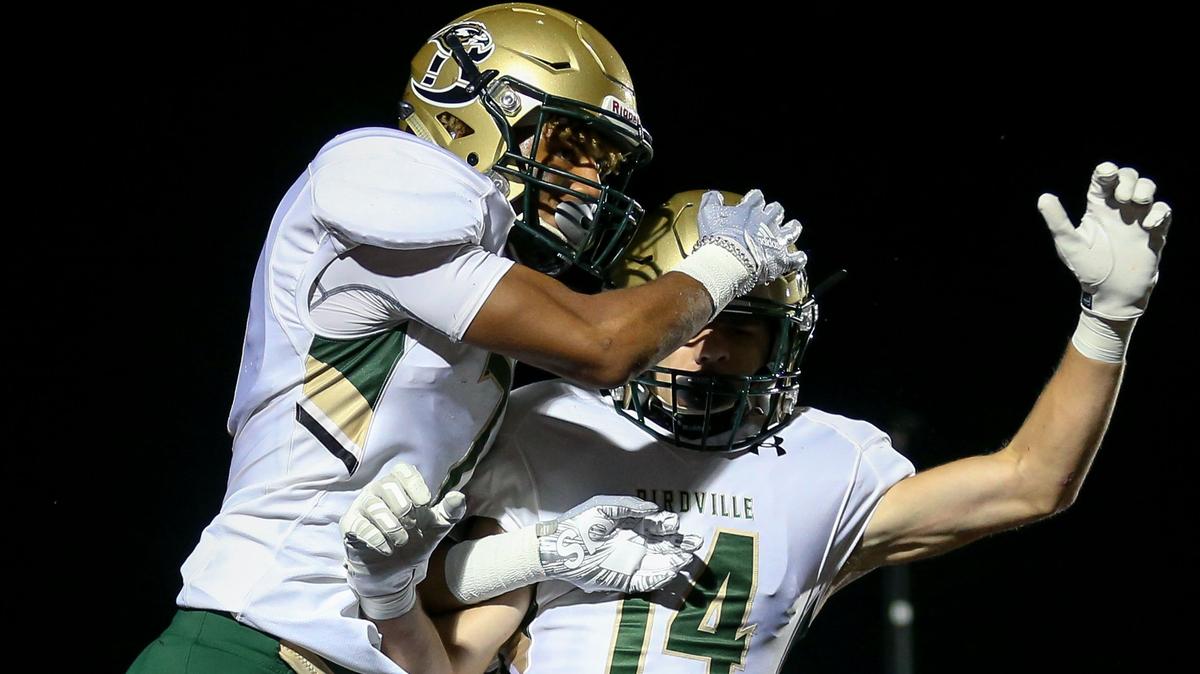 Birdville wide receiver Hosea Armstrong (7) and Dylan Graffis (14) celebrate after Armstrong’s 24 yard touchdown reception against Grapevine during the first half, Friday night, October 5, 2018 played at Buddy Echols Field in Coppell, TX.