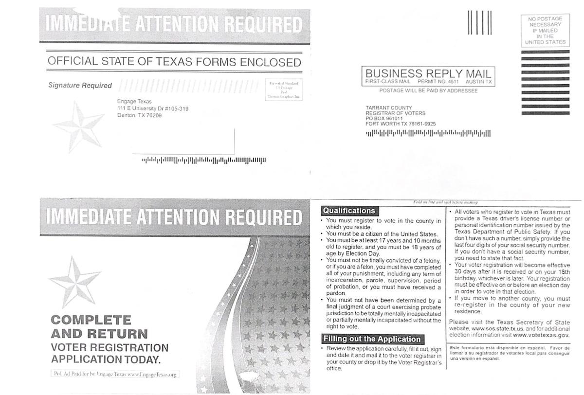 A copy of the mailer from Engage Texas that Mark Brann recently received, with Brann’s address redacted.