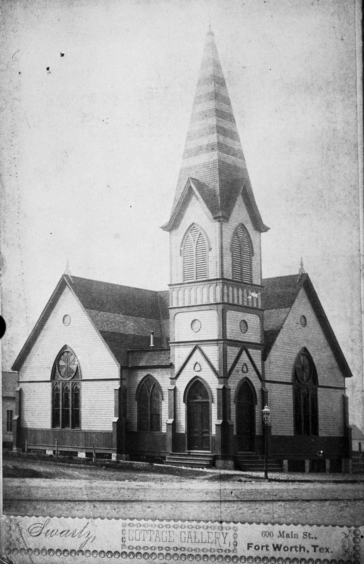 Photograph of the original Broadway Baptist Church, taken in 1866. Text at the bottom of the photograph reads, “Cottage Gallery.”