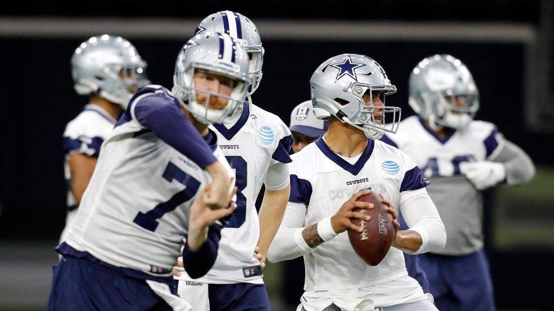 Dallas Cowboys quarterback Cooper Rush (7) is barely in the lead to be the backup again to Dak Prescott (4). Mike White remains a part of the picture.