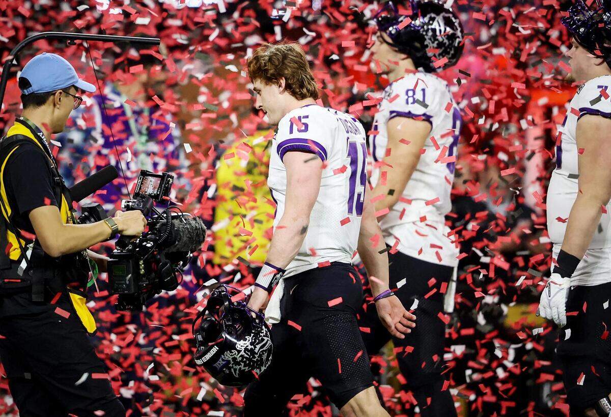 TCU quarterback Max Duggan leaves the field after the Horned Frogs 65-7 defeat by Georgia at the 2023 College Football Playoff National Championship on Monday, January 9, 2023, at SoFi Stadium in Inglewood, Calif.