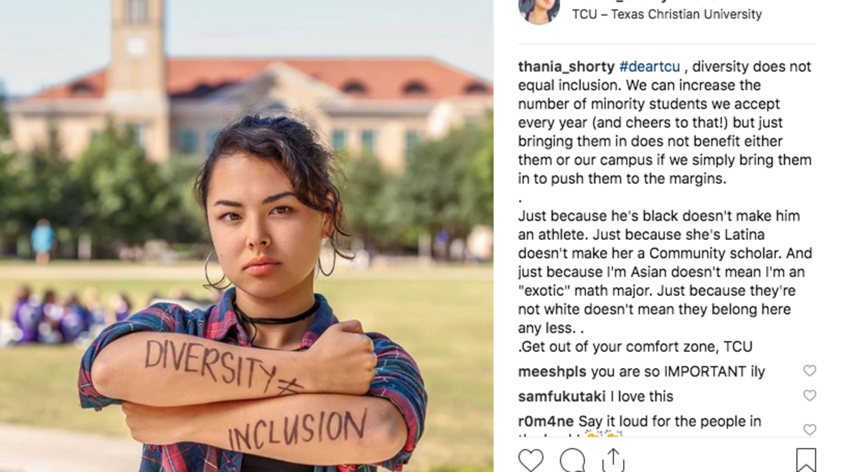 TCU student Nathania Davis posted a photo on Instagram on Wednesday, Nov. 7, 2018 to take part in the campus movement #DearTCU, which aims to elevate the voices of students of color and different sexual orientations.