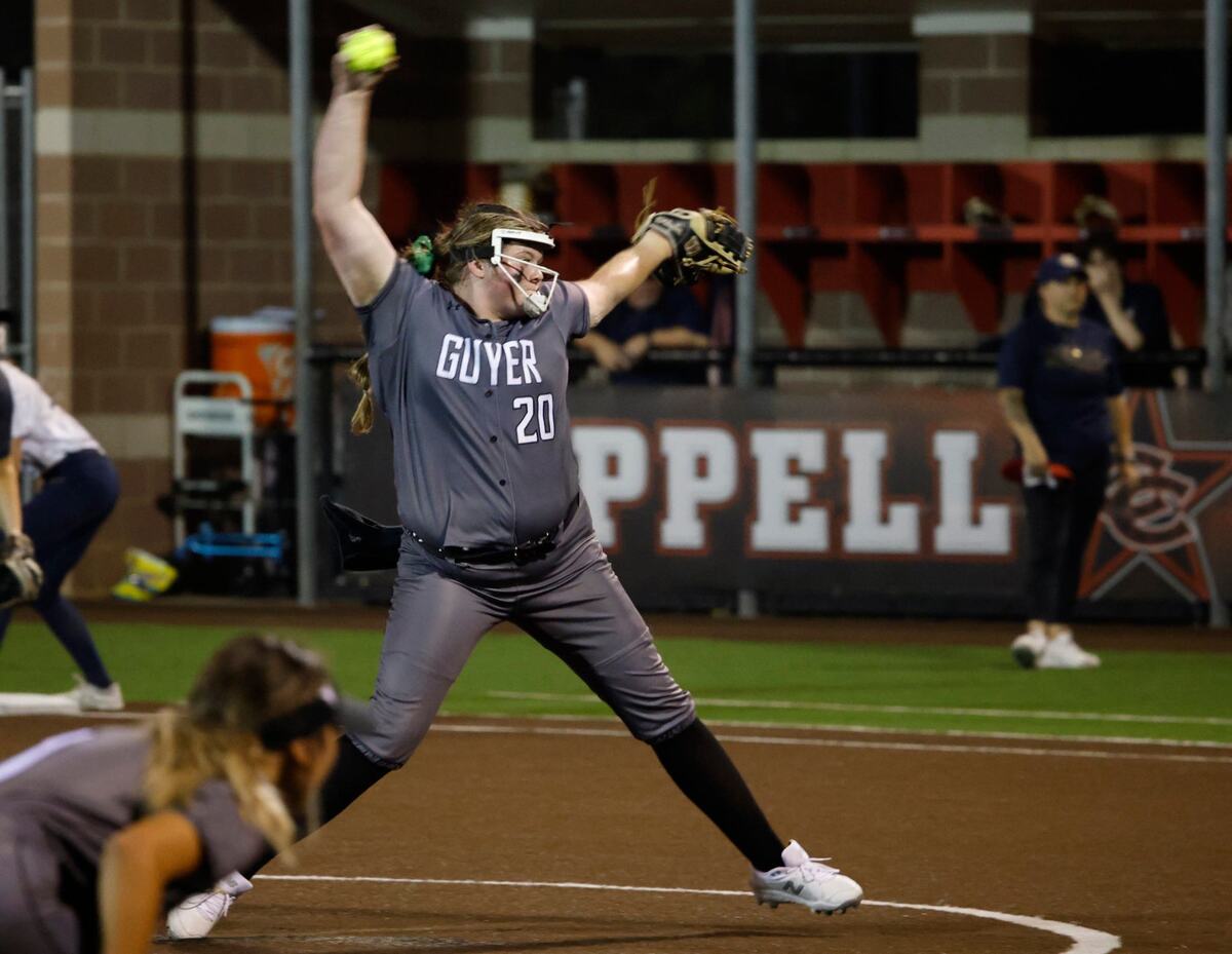 Guyer pitcher Finley Montgomery (20) throws the final ball of the game during the Conference 6A Region 1 Regional Finals at Coppell Softball Field in Coppell, Texas, Saturday May 25, 2024.