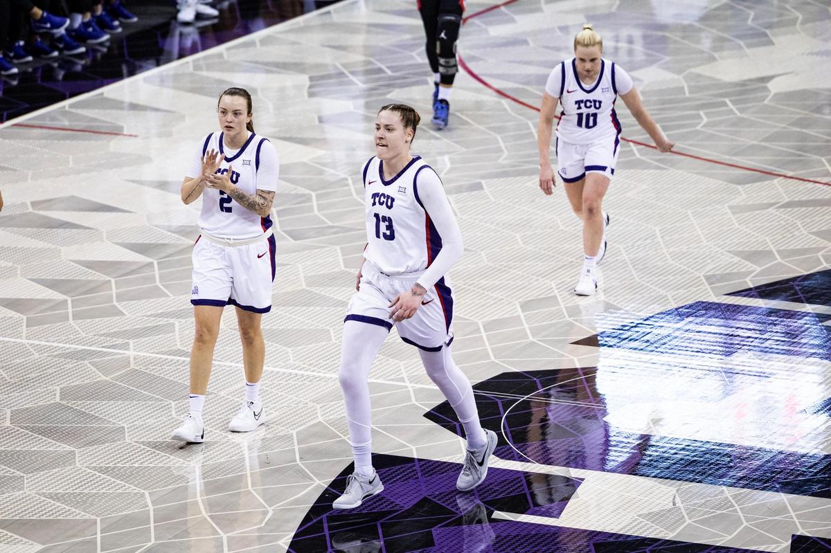 TCU teammates Madison Conner (2), Sedona Prince (13), and Hailey Van Lith (10) head back on offense against Houston at Schollmaier Arena in Fort Worth on Wednesday, Feb. 26, 2025.
