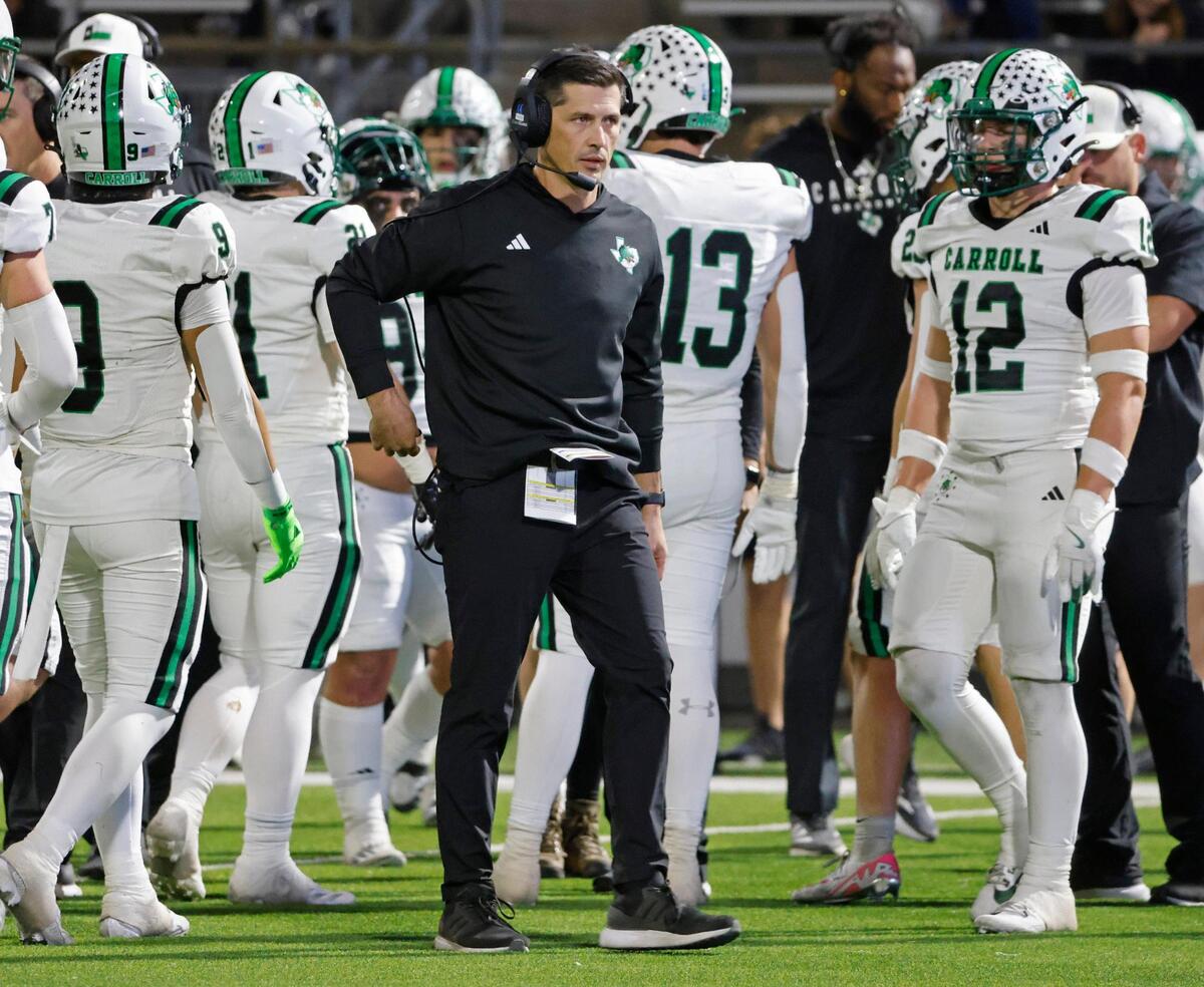 Southlake head coach Riley Dodge walks around players during a time out during a District 4 6A football game at Northwest ISD Stadium in Justin, Texas, Thursday, Oct. 17, 2024.