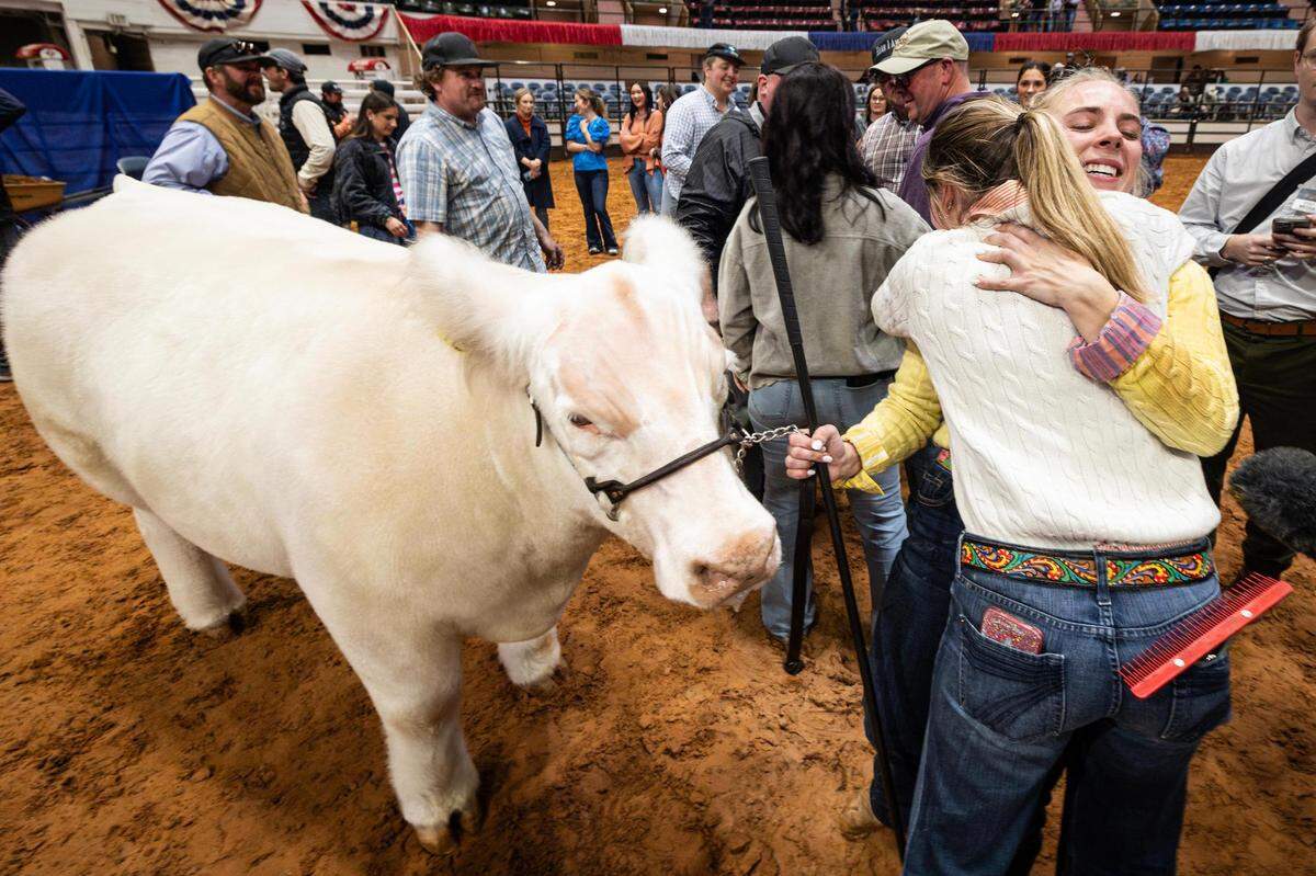 Dallam county resident Elli Bezner, 17, becomes emotional with her family after winning Grand Champion Steer of the Show with her steer Leadfoot for the Livestock Judging Contest at the Fort Worth Stock Show & Rodeo on Friday, Feb. 2, 2024.