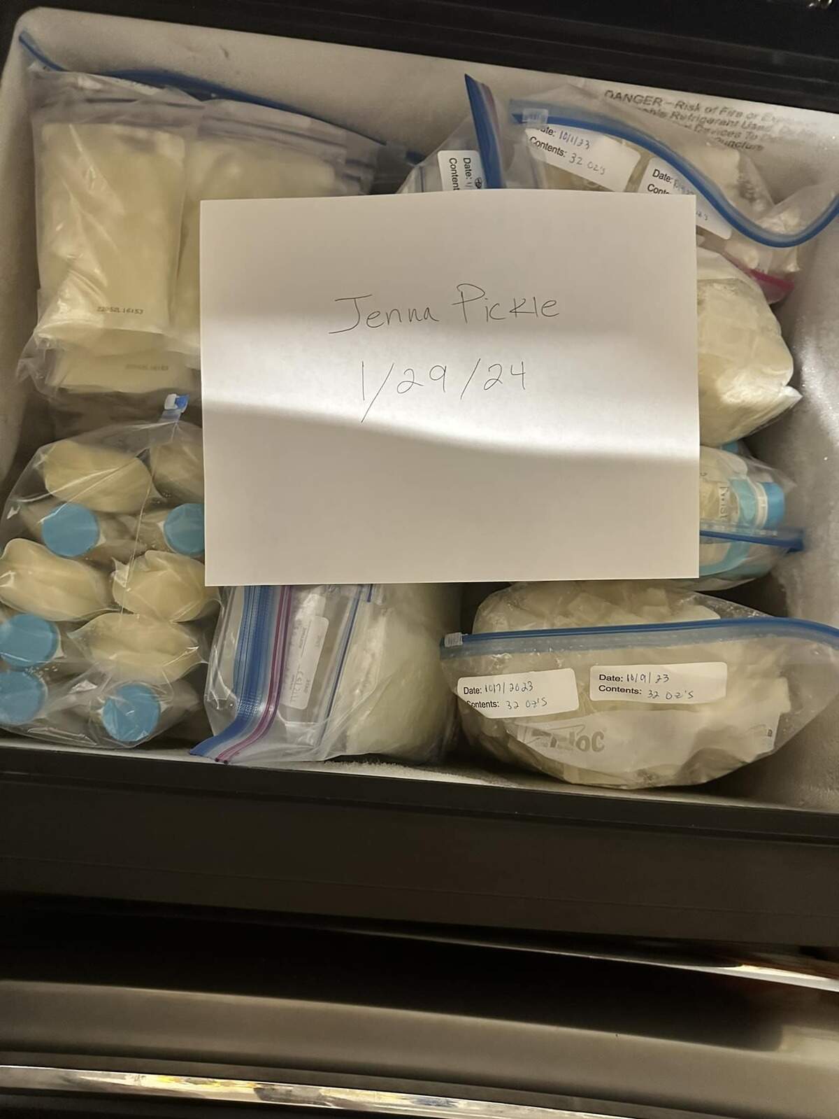 About 300 ounces of frozen breast milk of Fort Worth mother Jenna Pickle is advertised in the Facebook group “Breastmilk buy/sell/donate DFW Texas and surrounding area” on Jan. 29, 2024.