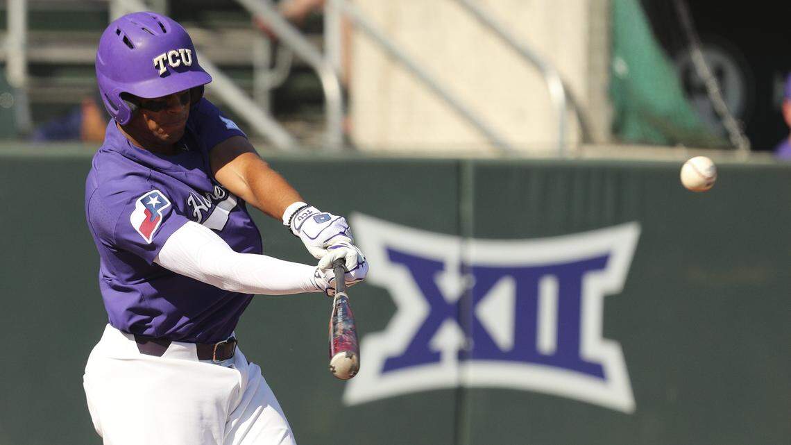 TCU's Michael Landestoy hits a double in the third inning of a baseball game against West Virginia in an NCAA college baseball game Saturday, May 12, 2018, in Fort Worth, Texas.