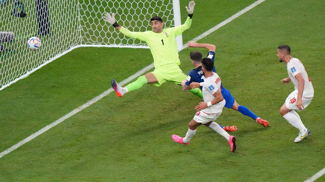 Christian Pulisic of the United States scores his side’s opening goal during the World Cup group B soccer match between Iran and the United States at the Al Thumama Stadium in Doha, Qatar, on Tuesday.