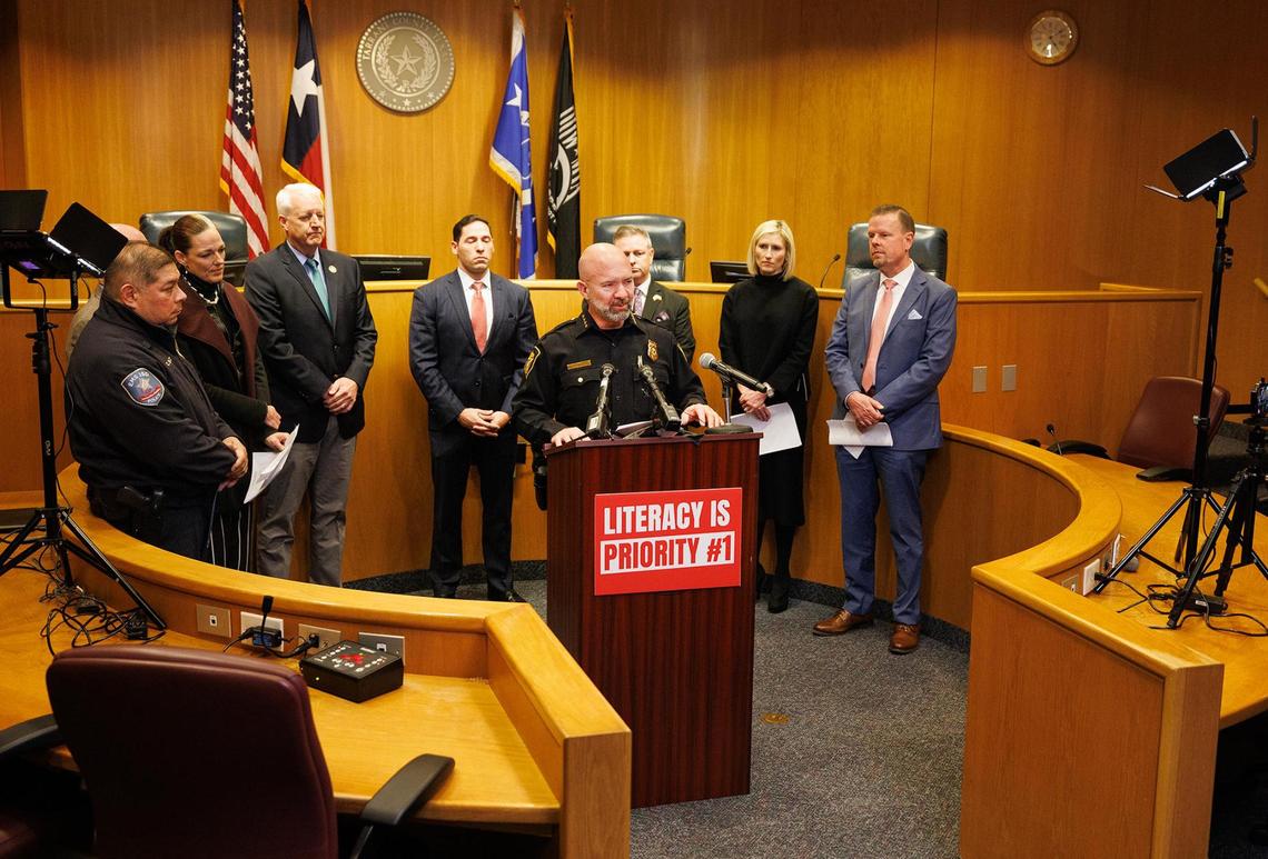 Fort Worth Police Chief Neil Noakes speaks during a press conference addressing the resolution to prioritize literacy in all independent school districts in Tarrant County on Wednesday, Feb. 19.