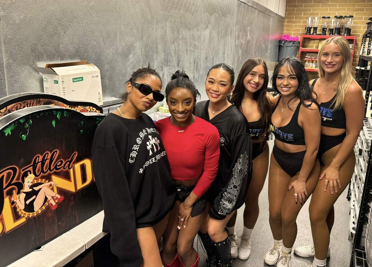 Gymnasts Jordan Chiles, Simone Biles, Sunisa Lee and Bottled Blonde staffers.