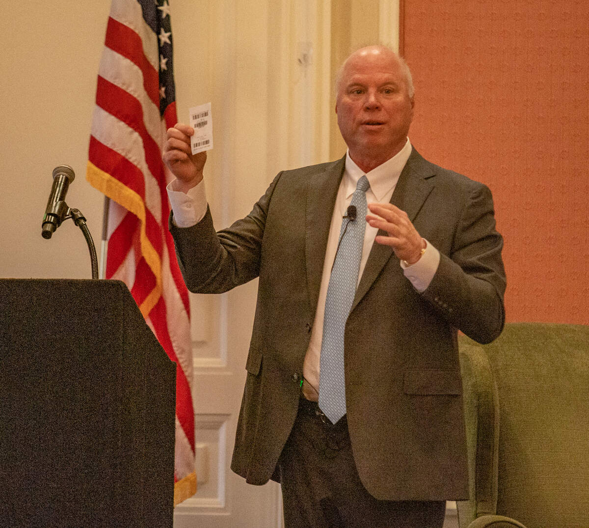 Exchange Club President and “Chief Extractor” George Young Jr. at the annual Goodfellows Luncheon fundraiser at the Fort Worth Club Wednesday, Dec. 7, 2022. Republican political consultant Karl Rove spoke at the event.