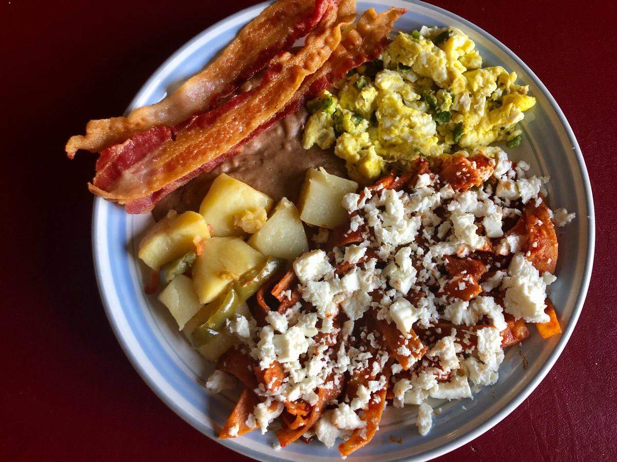 Chilaquiles with bacon on the Sunday breakfast menu at Fiesta Mexican Restaurant.