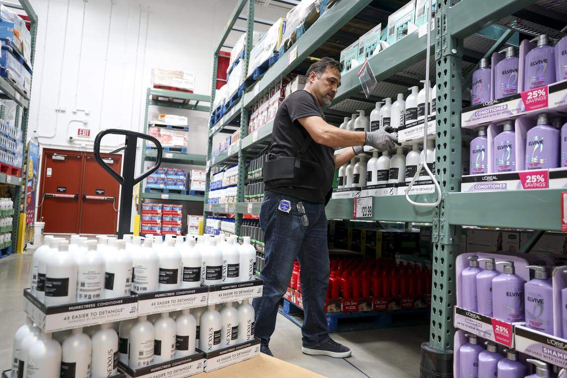 Aykut Demirel who works in general merchanise stocks teh shelves at BJ's Wholesale Club at 7241 Harris Parkway, on Friday, April 24, 2026 in Fort Worth, Texas. Demirel is based in New Jersey and helps the company open new locations.
