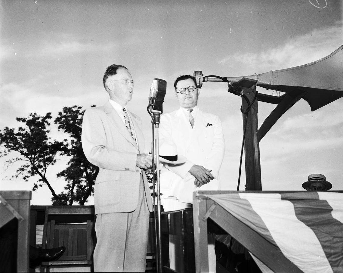June 14, 1939: West Lancaster Avenue bridge opening attendees J. A. Elliott, division engineer for US Bureau of Public Roads, and T.C. Jones, chairman of the Fort Worth Chamber of Commerce highway committee.