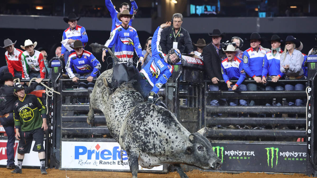 In this file photo, Jess Lockwood of the Team USA-Eagles competes during the 2020 PBR Global Cup at AT&T Stadium in Arlington. The 2022 PBR Global Cup is scheduled for Saturday, March 5 at AT&T. The American, featuring one of the richest single-day rodeo payouts, follows on Sunday, March 6.