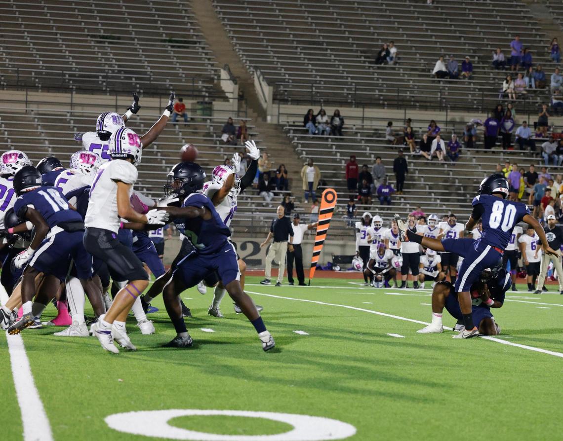 Paschal lineman Dylan Williams (55) stands over everyone as he blocks a potential game winning field goal during a District 4-5A Division 1 football game at Herman Clark Stadium in Fort Worth, Texas, Thursday, Oct. 24, 2024.