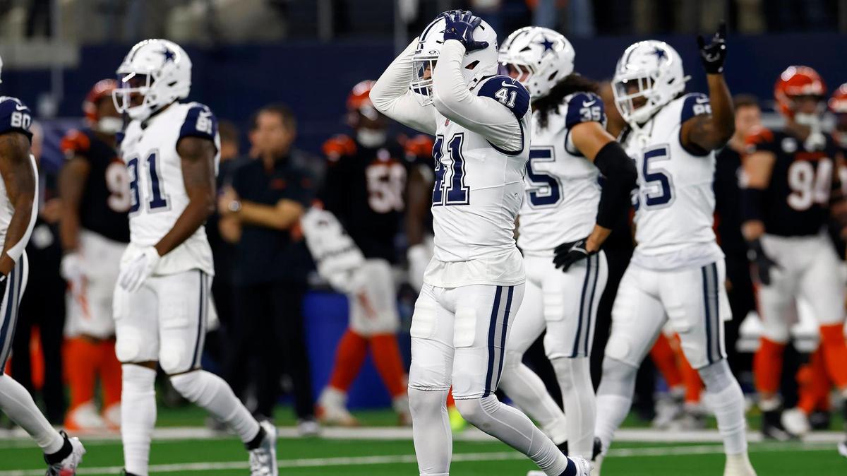 Dallas Cowboys linebacker Nick Vigil (41) reacts after the Cincinnati Bengals recovered their own kick after he blocked the punt in the fourth quarter on Monday, Dec. 9, 2024, at AT&T Stadium in Arlington.