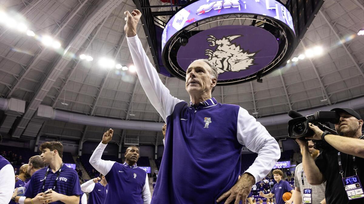 TCU Head Coach Jaime Dixon reacts after winning his 500th game as a head coach after winning an NCAA game between TCU and West Virginia 65-60 at Schollmaier Arena in Fort Worth on Wednesday, Feb. 5, 2025.