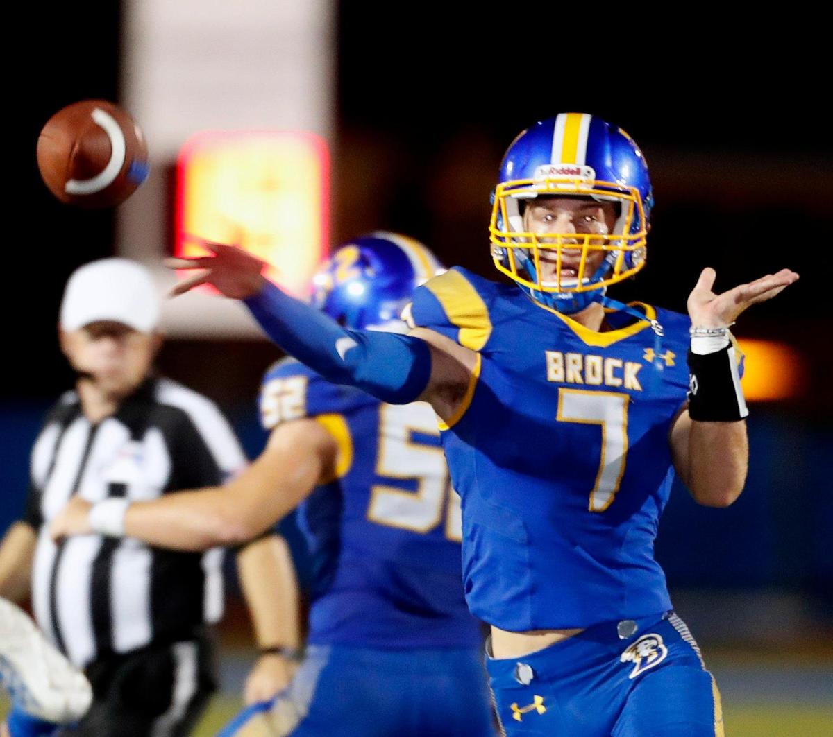 Brock quarterback Jaxon Gleaton (7) tosses a touchdown pass during a high school football game at Eagle Stadium in Brock, Friday Sept. 04, 2020. Brock defeated Community 66-7. (Special to the Star-Telegram Bob Booth)