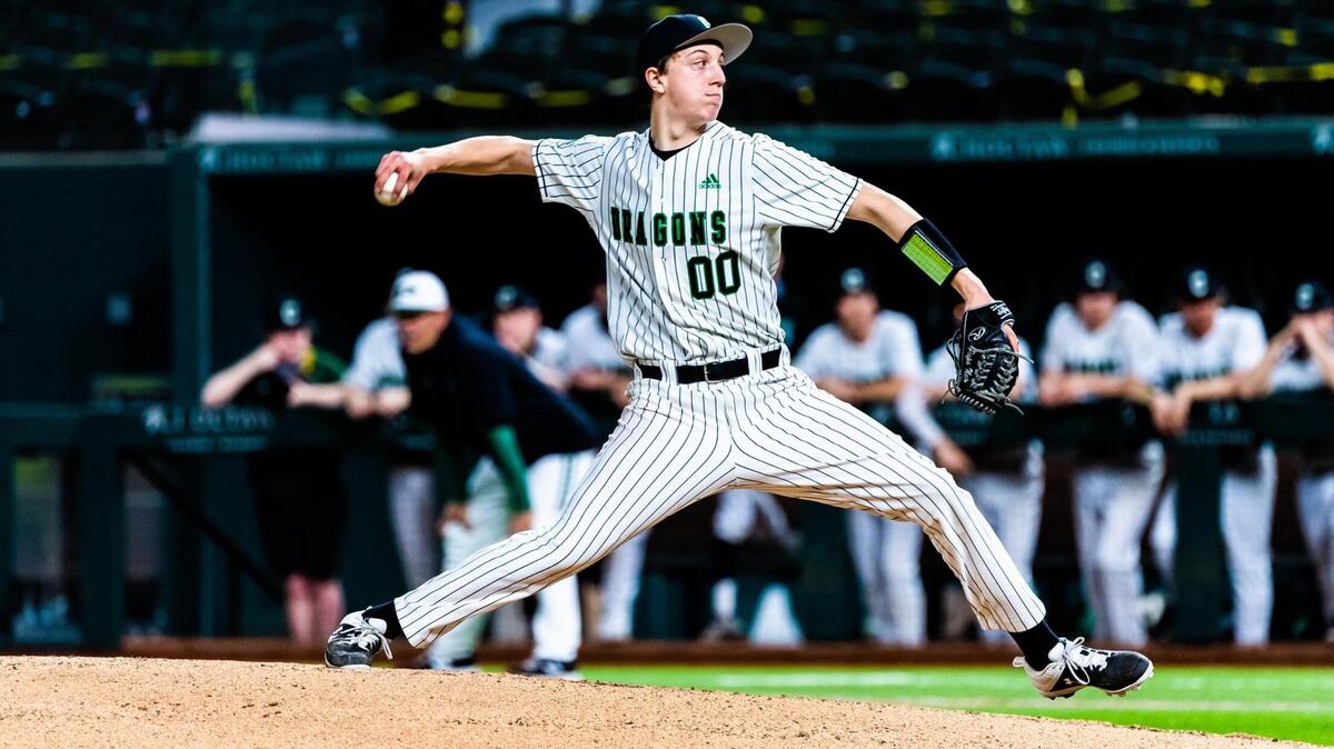 Nate Rusher (00) throws a pitch during a game between Carroll and Prosper at Globe Life Field in Arlington during the High School Baseball Showcase on February 28, 2021. Photo by Matt Smith. (Special to the Star-Telegram).