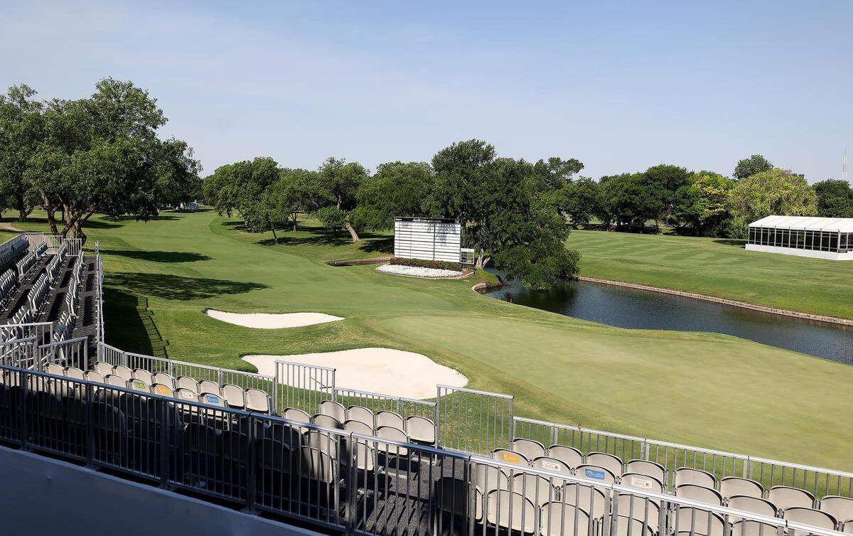 A viewing stand wraps around the green of the 18th hole at the Colonial Country Club in Fort Worth on Monday, May 16, 2022.