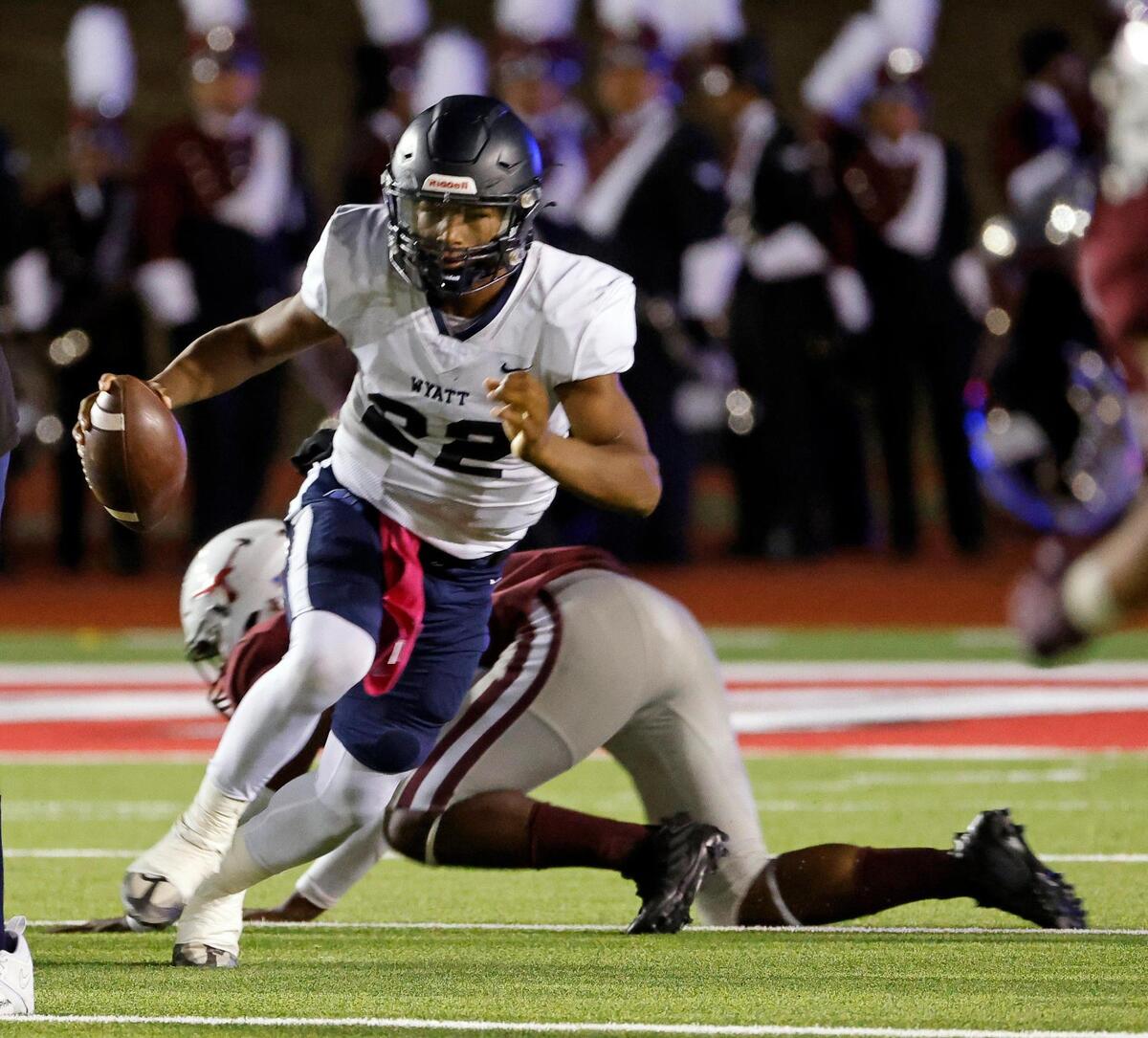 Wyatt wide receiver Jorvorskie Lane jr. (22) takes off out of the backfield n the first half of a UIL football game at Farrington Field in Fort Worth, Texas, Friday, Oct. 06, 2023. Wyatt led North Side 13-7 at the half. (Special to the Star-Telegram Bob Booth)