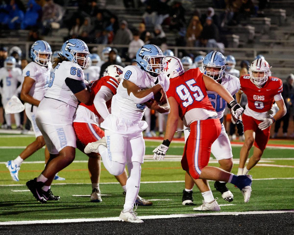 Emerson running back Kameron Lockhart (8) steps in for their second touchdown in the first half of a UIL 5A D2 football playoff game at Mustang Panther Stadium in Grapevine, Texas, Thursday, Nov. 09, 2023.