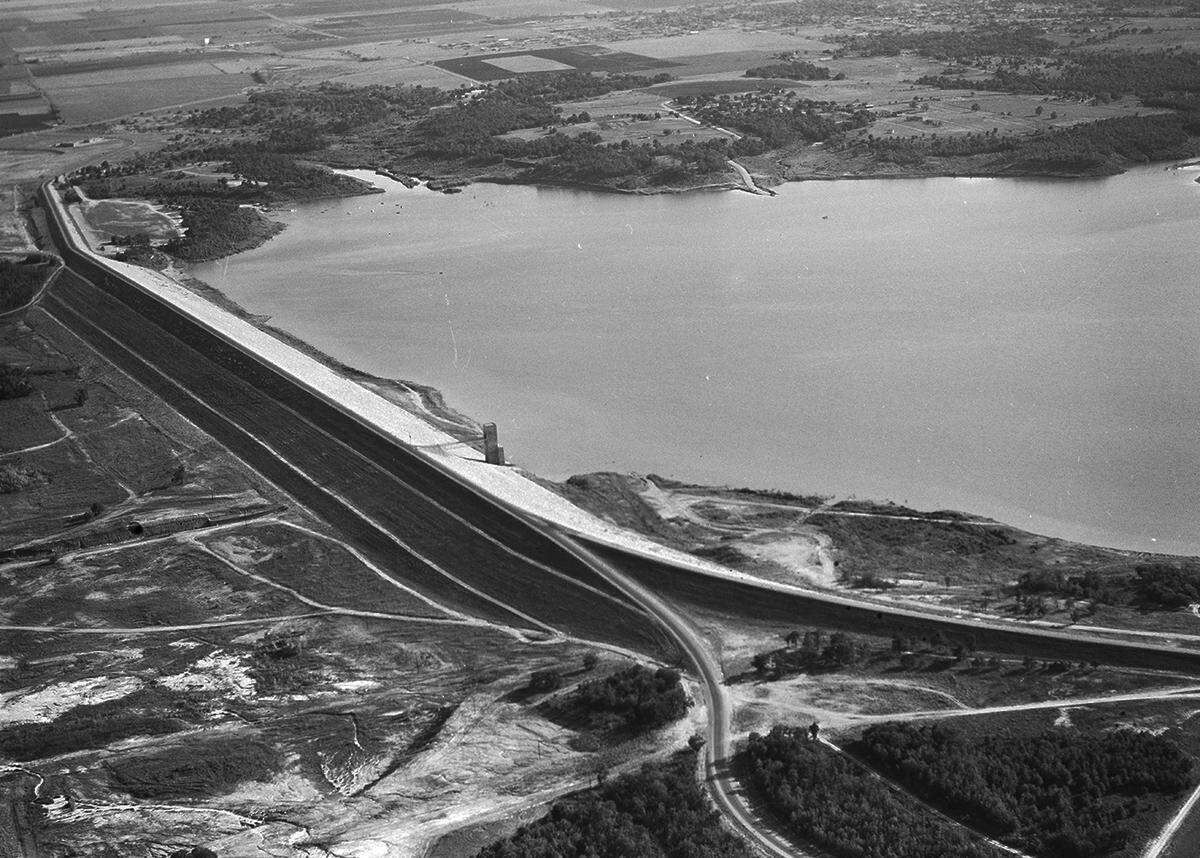 Sept. 14, 1953: Looking south toward Grapevine, the new Grapevine dam is shown as water builds up into a real lake that - come next June - should be one of the most popular fishing holes in North Texas. At conservation level it will cover 7,300 acres and at flood stage, 10,000 acres.