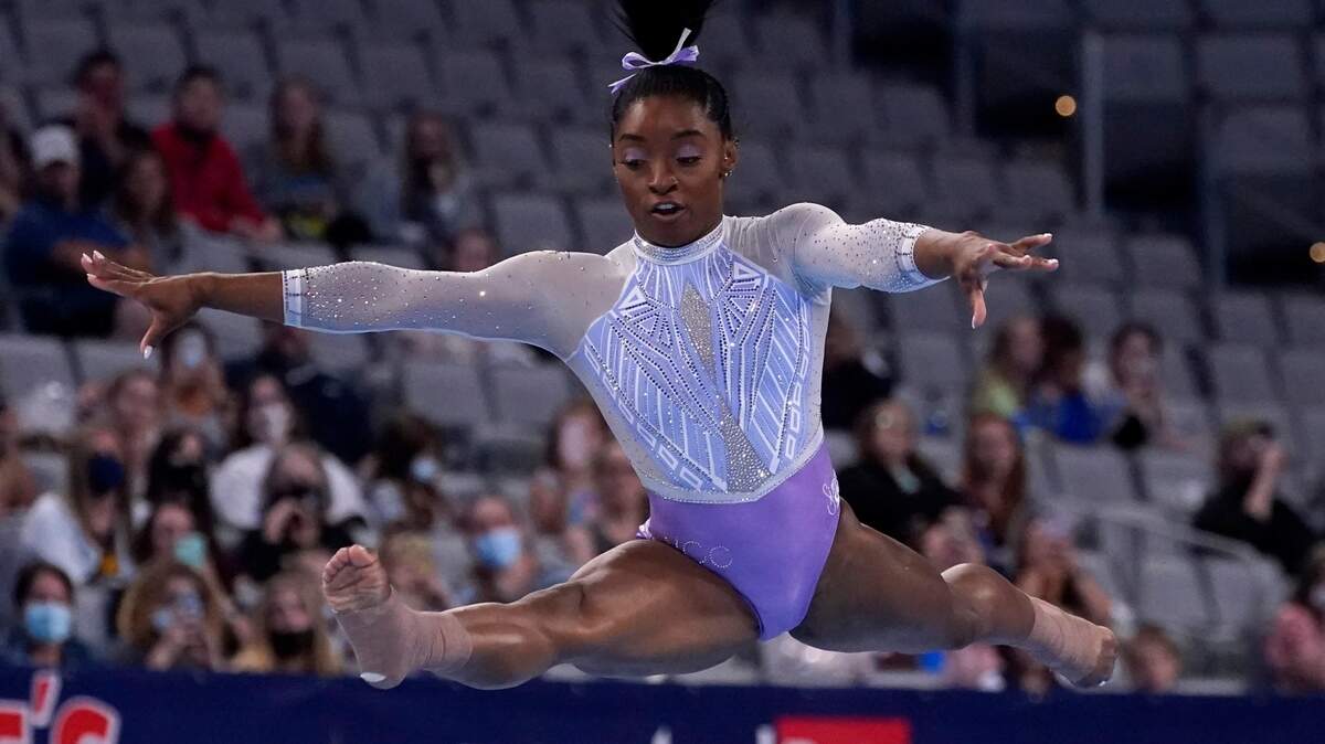 Simone Bils competes in the floor exercise during the U.S. Gymnastics Championships, Friday at Dickies Arena in Fort Worth.