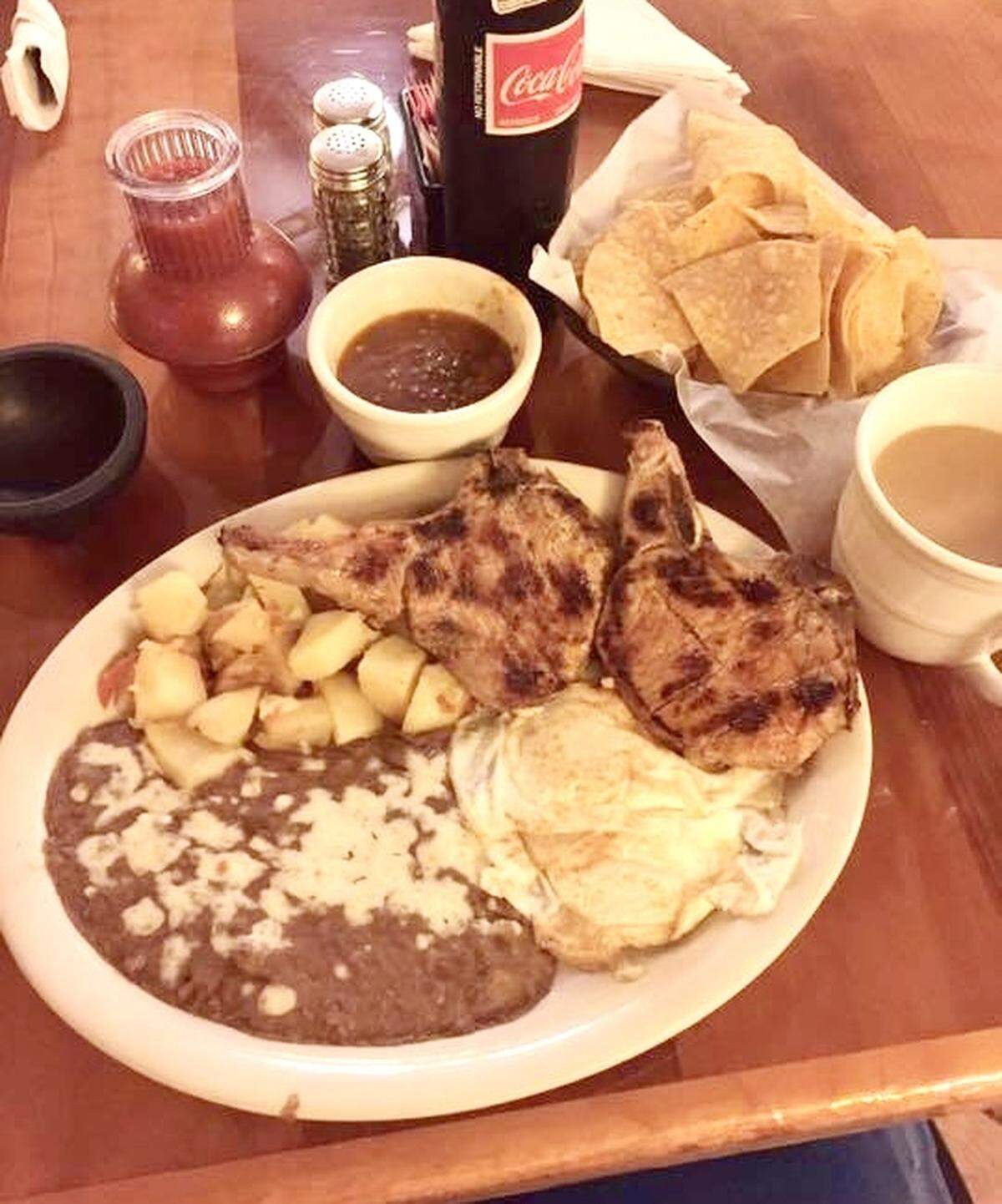 Pork chops with breakfast at Fiesta Mexican Restaurant in Fort Worth.