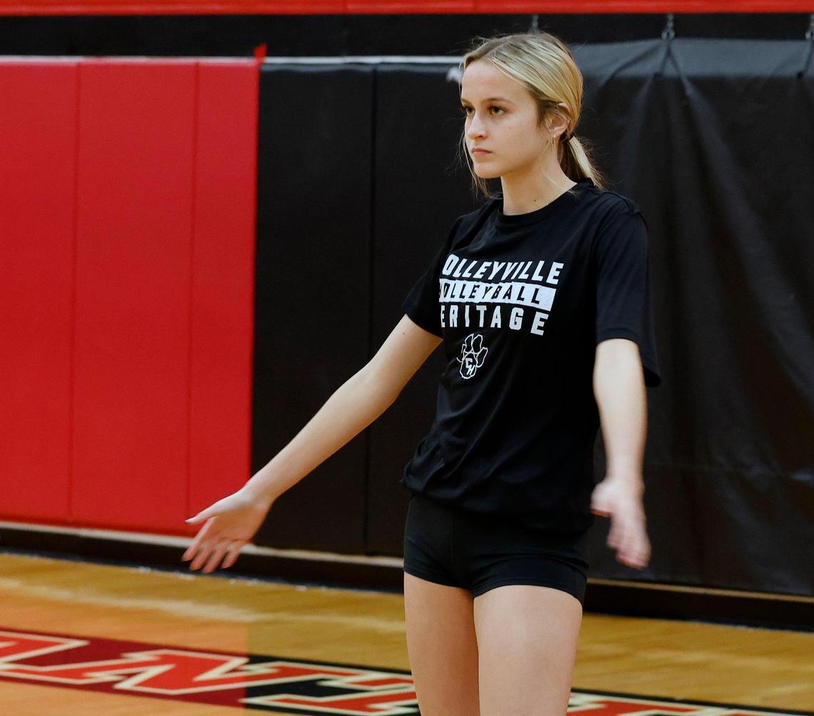 Maddie Bird waits for the serve during the Panthers volleyball practice for the state semifinals at Colleyville Heritage High School in Colleyville, Texas, Wednesday, Nov. 15, 2023.