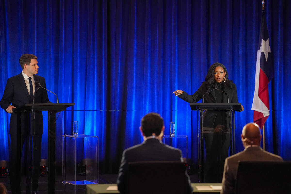 State Rep. James Talarico, left, and U.S. Rep. Jasmine Crockett, Democratic primary candidates for U.S. Senate, participate in a debate at the Texas AFL-CIO COPE Convention in Georgetown, Texas on Saturday, Jan. 24, 2026.
