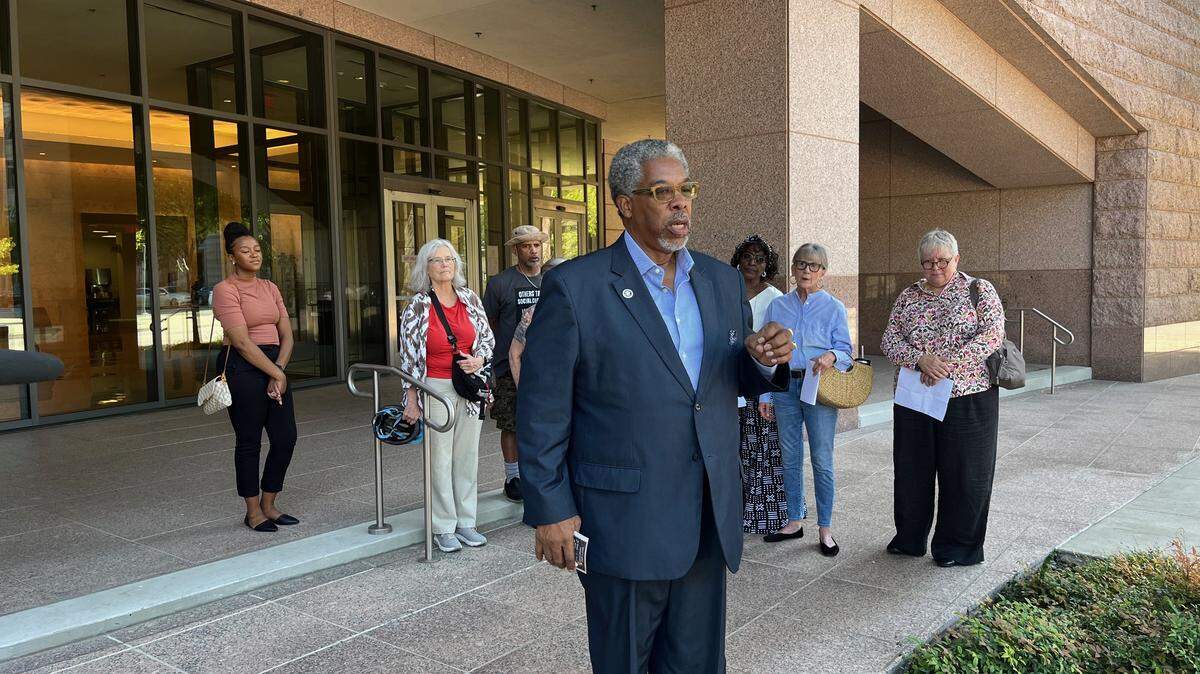 V.J. Smith, a YAP advocate, speaks at the press conference before the Tarrant County Juvenile Board meeting, on the importance of Youth Advocate Programs for its participants. The contract for YAP was discontinued in July after concerns of language on its website and working with lobbyists. September 19, 2024.