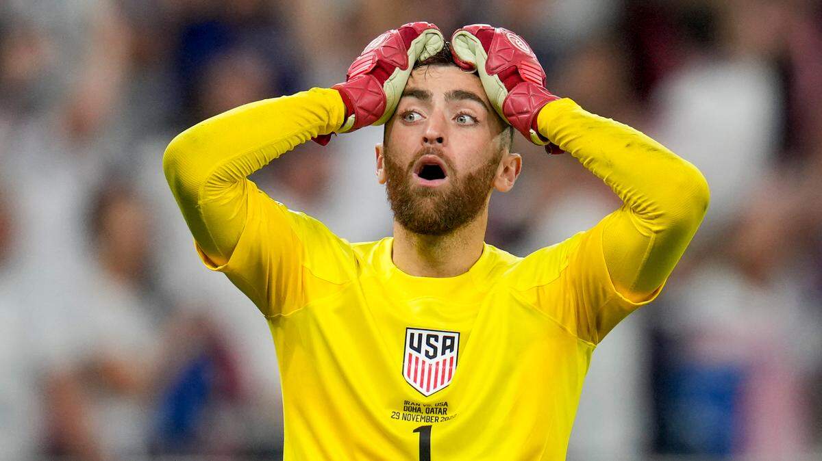 Goalkeeper Matt Turner of the United States reacts during the World Cup group B soccer match between Iran and the United States at the Al Thumama Stadium in Doha, Qatar, Tuesday, Nov. 29, 2022. (AP Photo/Ricardo Mazalan)