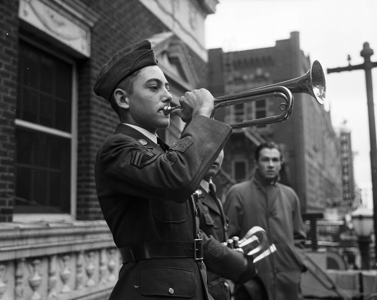 Nov. 11, 1939: The largest Armistice Day parade ever held in Fort Worth history, military trumpet player.
