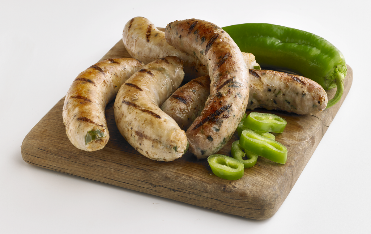 Hatch pepper beer bratwurst at Central Market is pork sausage infused with Diffusion, a Hatch chile beer by Manhattan Project Beer Co.