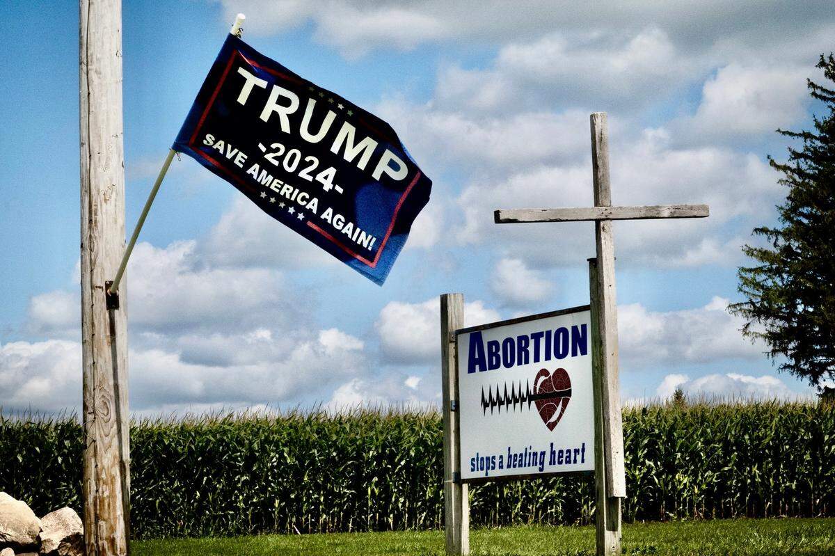 A farmer shows support for Republican presidential candidate former President Donald Trump and a view on abortion on Aug. 10, 2024, near Hawkeye, Iowa.