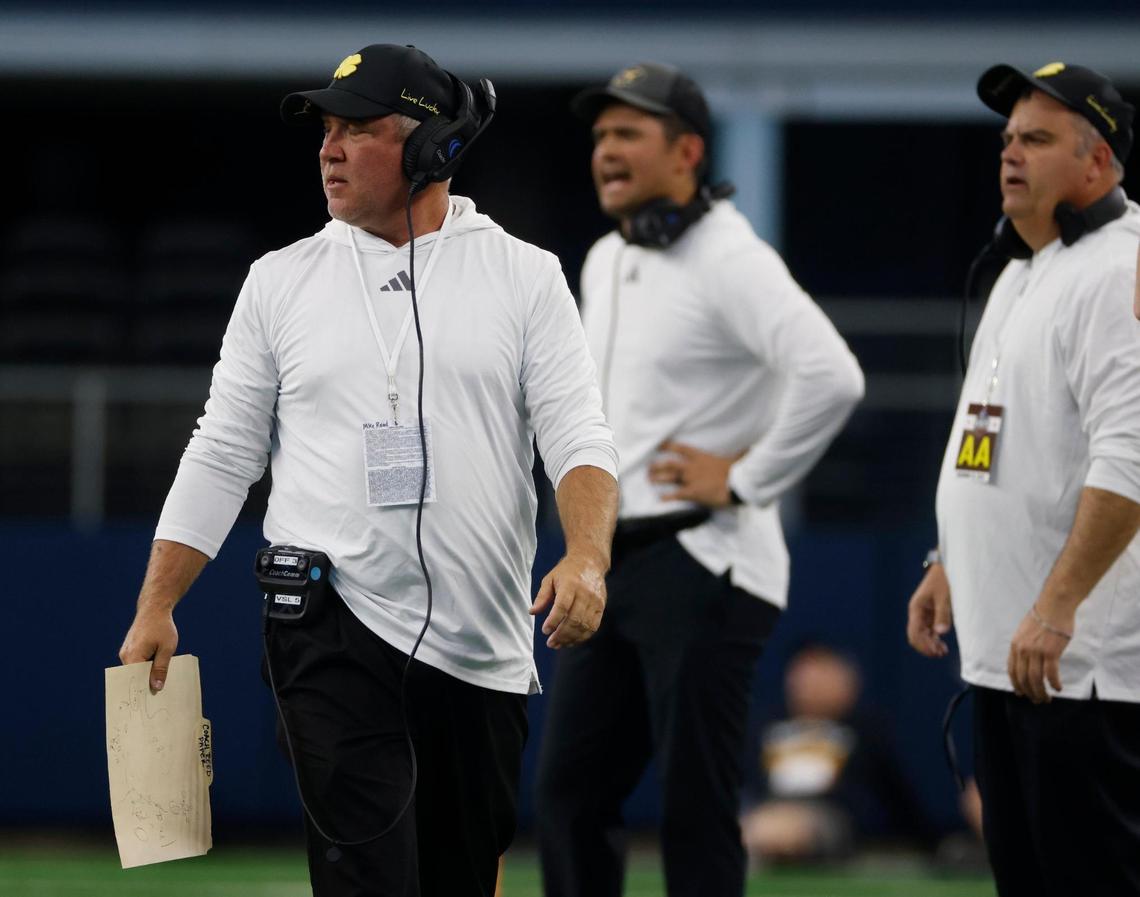 Gordon head coach Mike Reed looks on during the UIL Six-Man 1A D2 State Championship football game at AT&T Stadium in Arlington, Texas, Wednesday, Dec. 18, 2024.
