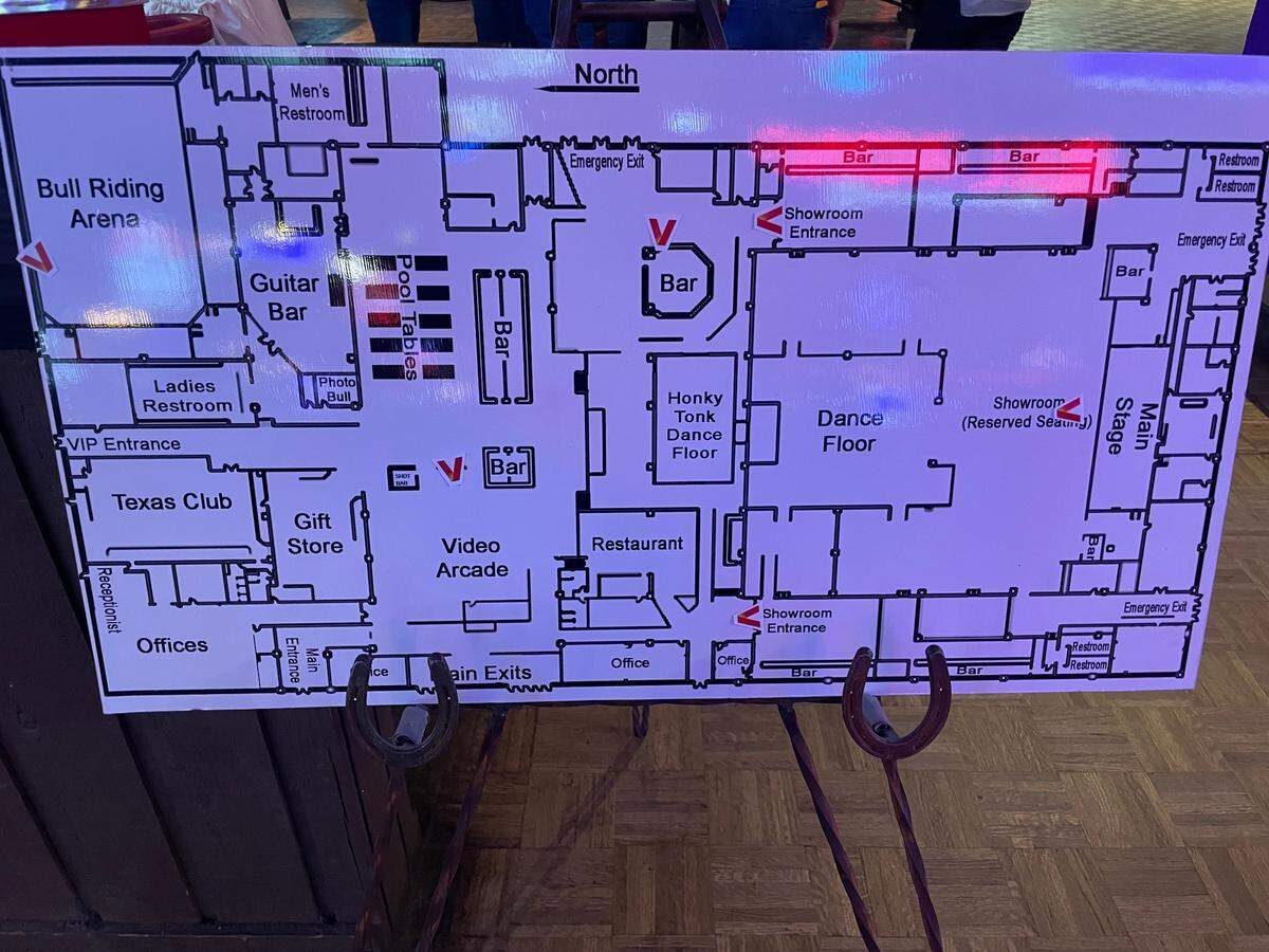 A map of wireless charging stations inside Billy Bob’s Texas.