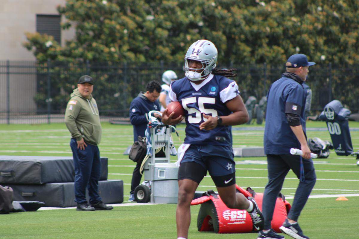 Dallas Cowboys rookie linebacker Jaishawn Barham takes part in his first practice in the NFL during the team’s rookie minicamp on May 1, 2026 at The Star in Frisco, Texas.